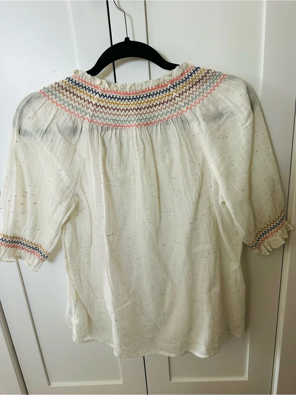 NWT Madewell White Speckled Peasant Blouse with Multicolor Embroidered Trim